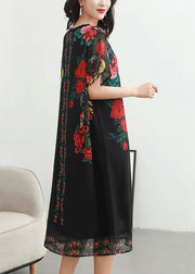 Women Black V Neck Rose Print Patchwork Chiffon Dresses Summer