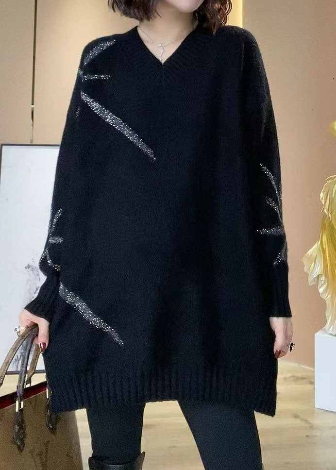 Women Black V Neck Sequins Oversized Long Knit Dress Winter