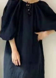 Women Black V Neck Side Open Cotton Dresses Puff Sleeve