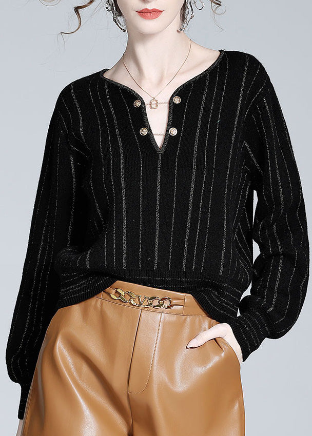 Women Black V Neck Striped Button Woolen Top Spring