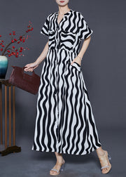 Women Black V Neck Striped Chiffon Dress Summer