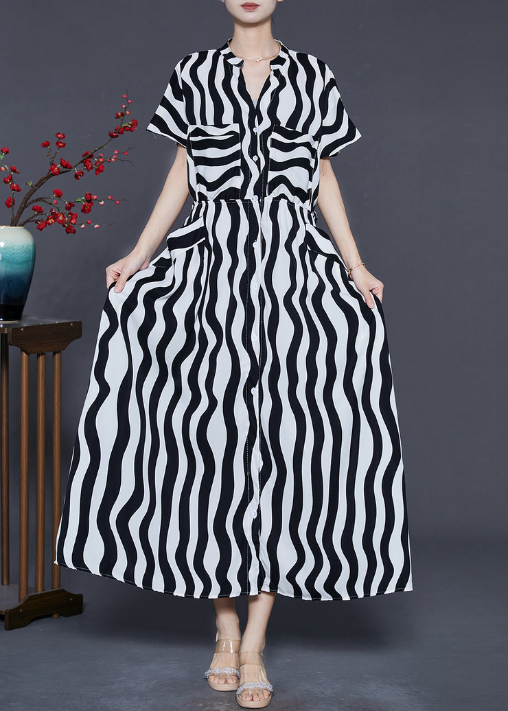 Women Black V Neck Striped Chiffon Dress Summer