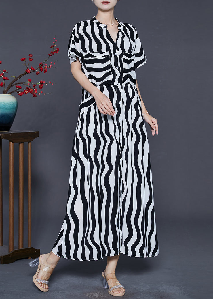 Women Black V Neck Striped Chiffon Dress Summer