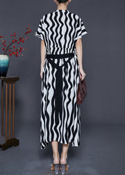 Women Black V Neck Striped Chiffon Dress Summer