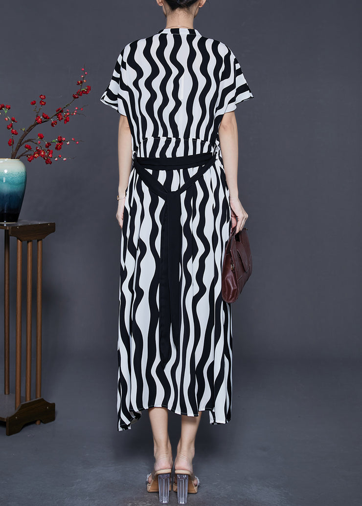 Women Black V Neck Striped Chiffon Dress Summer