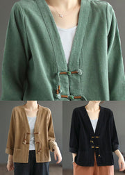 Women Black V Neck Tasseled Button Patchwork Corduroy Coat Fall