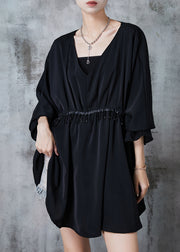 Women Black V Neck Tasseled Chiffon Dresses Summer