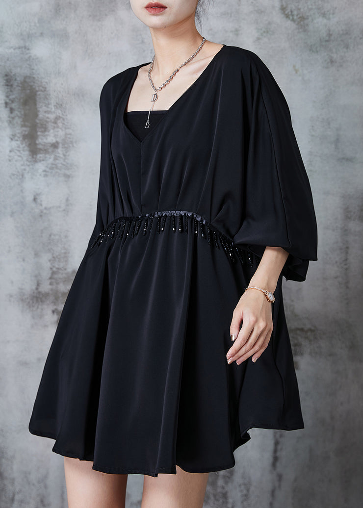 Women Black V Neck Tasseled Chiffon Dresses Summer