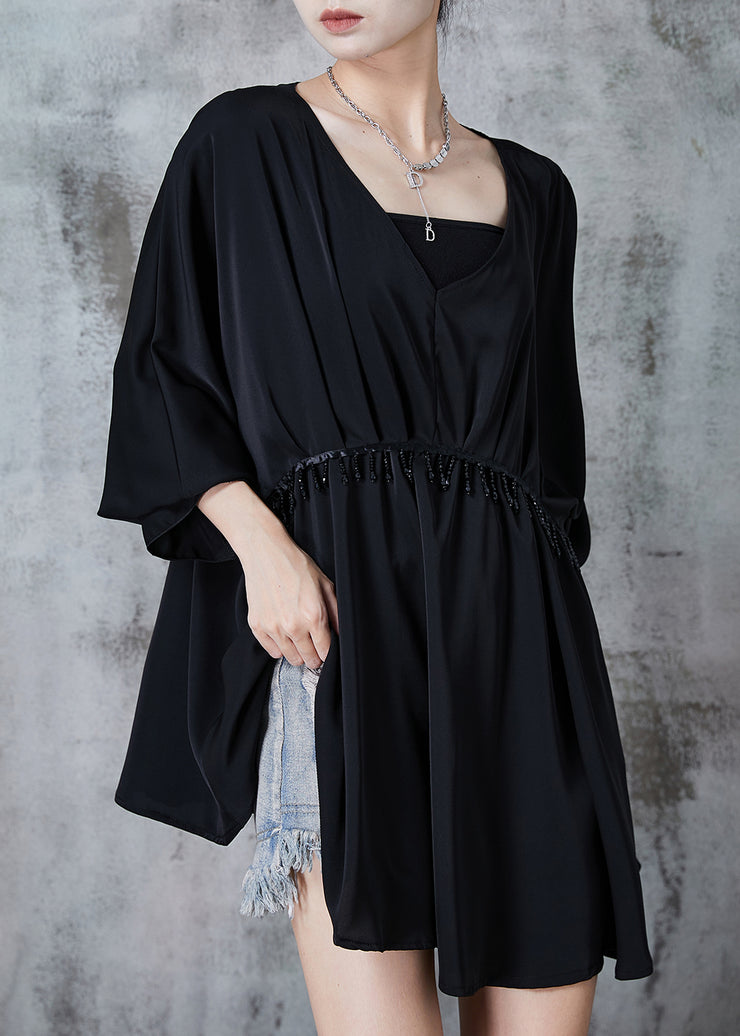 Women Black V Neck Tasseled Chiffon Dresses Summer