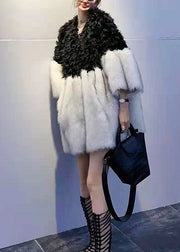 Women Black V Neck Teddy Faux Fur Patchwork Wool Coats Spring