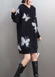 Women Black V Neck Thick Print Cotton Knit Sweaters Winter