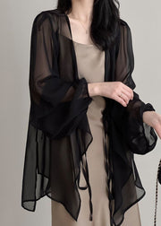 Women Black V Neck Tie Waist Chiffon UPF 50+ Cardigan Summer