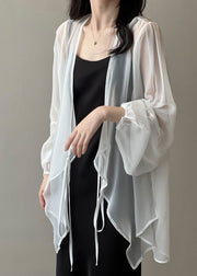 Women Black V Neck Tie Waist Chiffon UPF 50+ Cardigan Summer