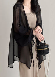 Women Black V Neck Tie Waist Chiffon UPF 50+ Cardigan Summer