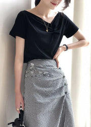 Women Black V Neck Tops And Skirts Cotton Two Pieces Summer