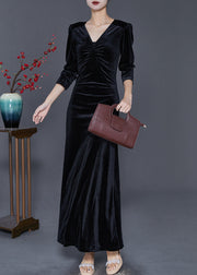 Women Black V Neck Wrinkled Silk Velour Holiday Dress Fall