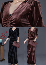 Women Black V Neck Wrinkled Silk Velour Holiday Dress Fall