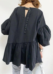 Women Black V Neck Wrinkled Solid Shirts Lantern Sleeve