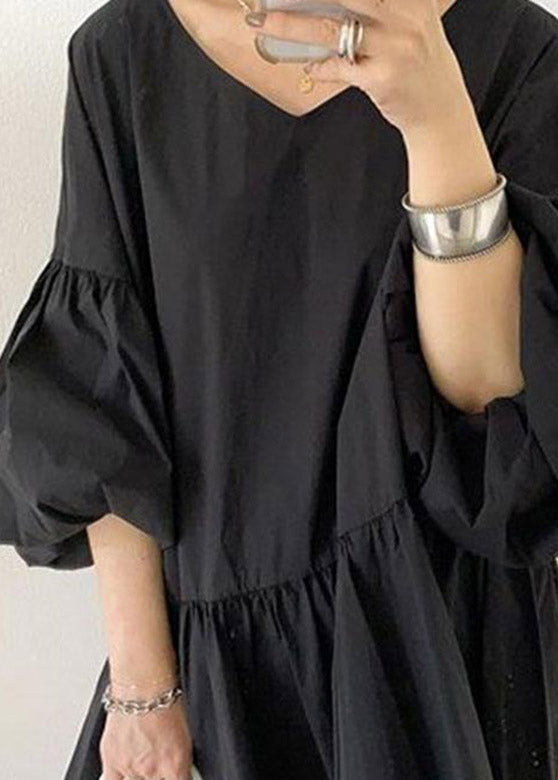 Women Black V Neck Wrinkled Solid Shirts Lantern Sleeve