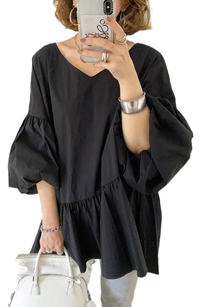 Women Black V Neck Wrinkled Solid Shirts Lantern Sleeve