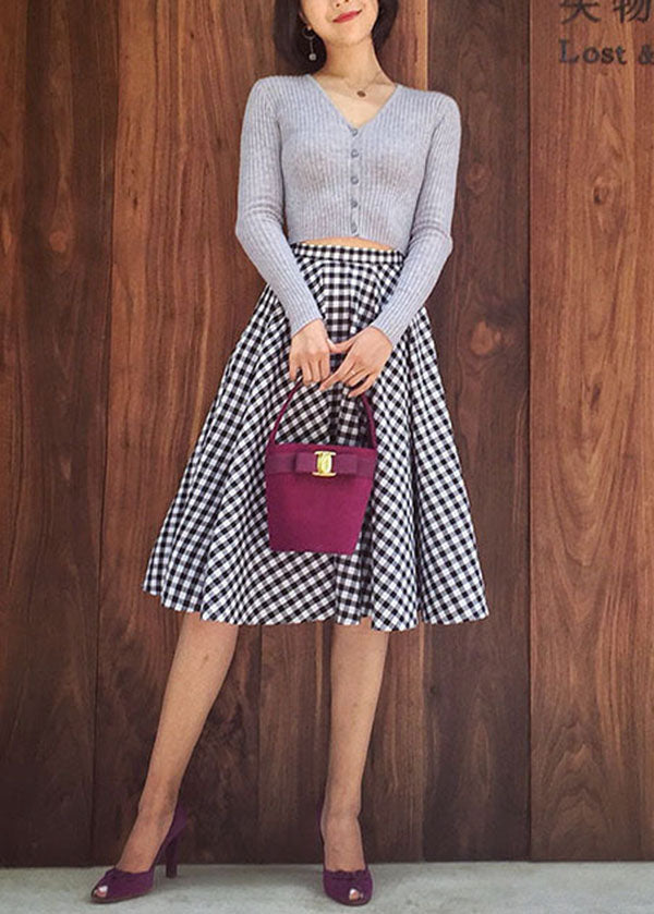 Women Black White Plaid High Waist Cotton A Line Skirts Spring