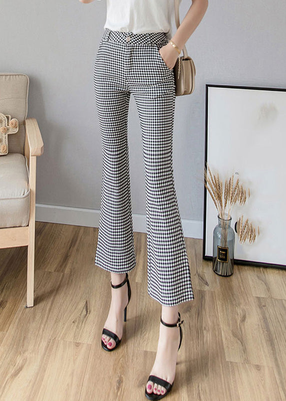 Women Black White Plaid High Waist Side Open Button Crop Pants Spring