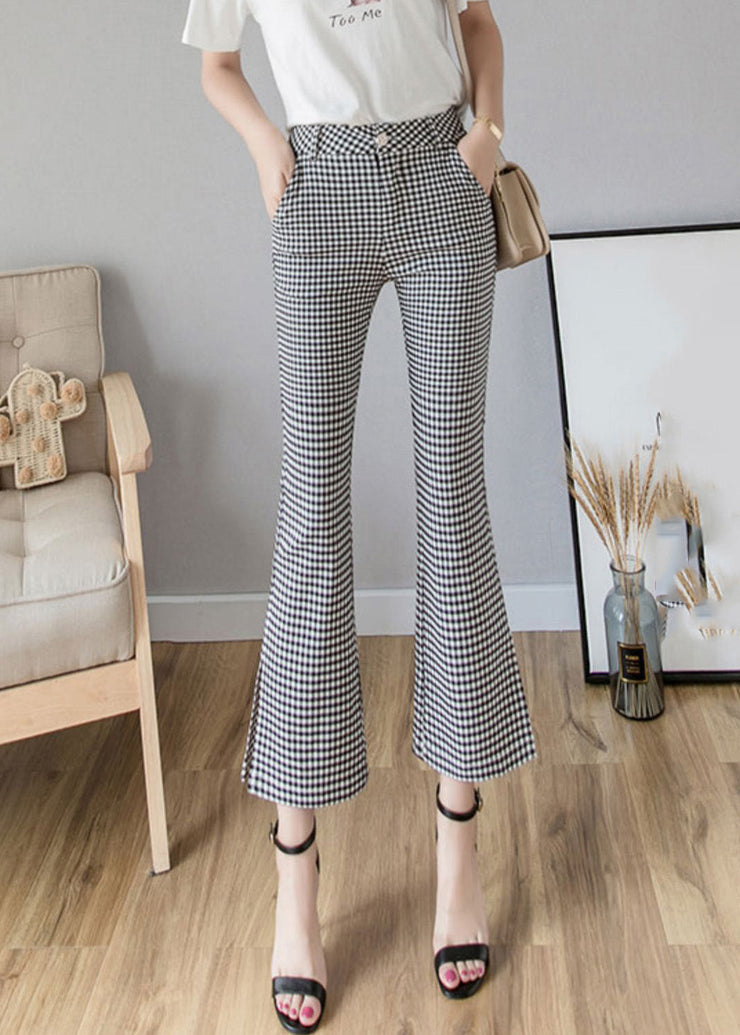 Women Black White Plaid High Waist Side Open Button Crop Pants Spring