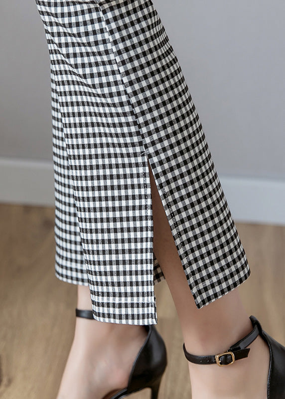 Women Black White Plaid High Waist Side Open Button Crop Pants Spring