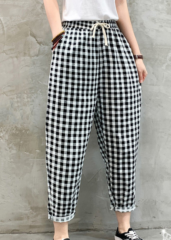 Women Black White Plaid Tie Waist Crop Beam Pants