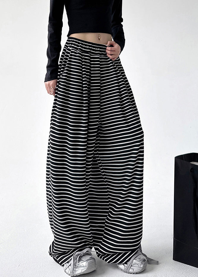 Women Black White Striped Elastic Waist Wide Leg Pants Spring