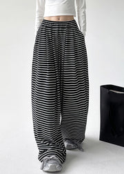 Women Black White Striped Elastic Waist Wide Leg Pants Spring