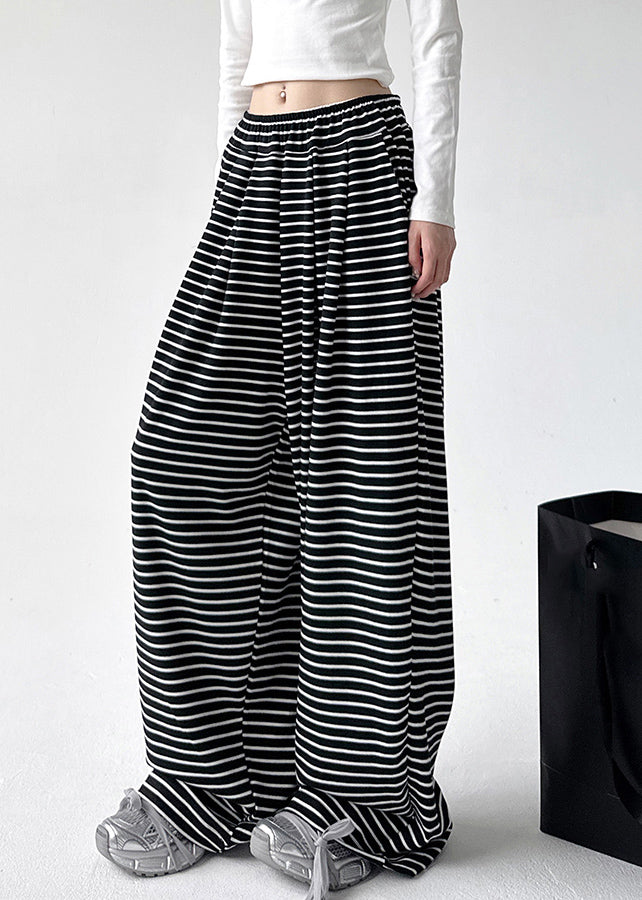 Women Black White Striped Elastic Waist Wide Leg Pants Spring