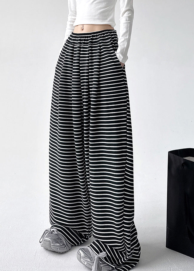 Women Black White Striped Elastic Waist Wide Leg Pants Spring