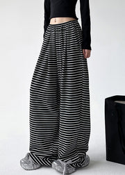 Women Black White Striped Elastic Waist Wide Leg Pants Spring