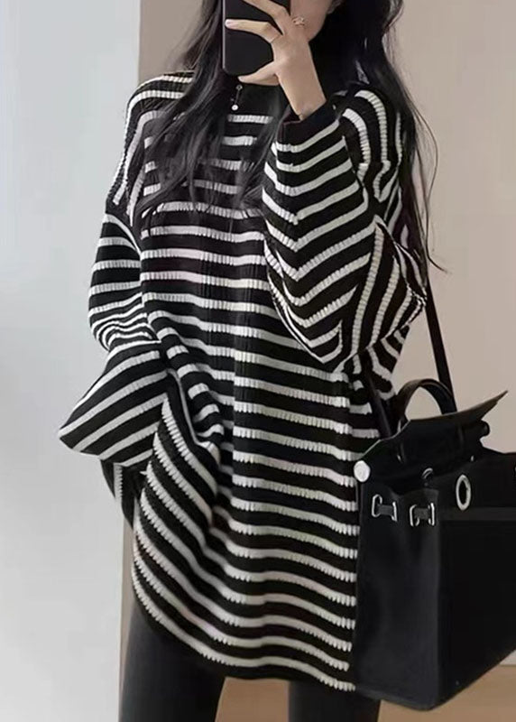 Women Black White Striped O-Neck Cozy Mid Knit Sweater Fall