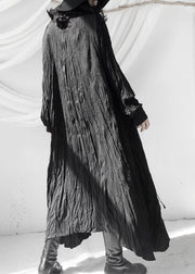 Women Black Wrinkled Button Tie Waist Maxi Shirts Dresses Fall