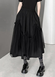 Women Black Wrinkled Pockets Elastic Waist Tulle Patchwork Skirts Fall