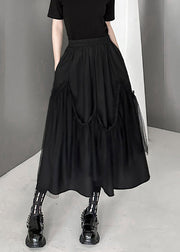 Women Black Wrinkled Pockets Elastic Waist Tulle Patchwork Skirts Fall