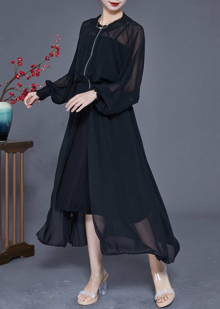 Women Black Zip Up Elastic Waist Chiffon UPF 50+ Coat Summer