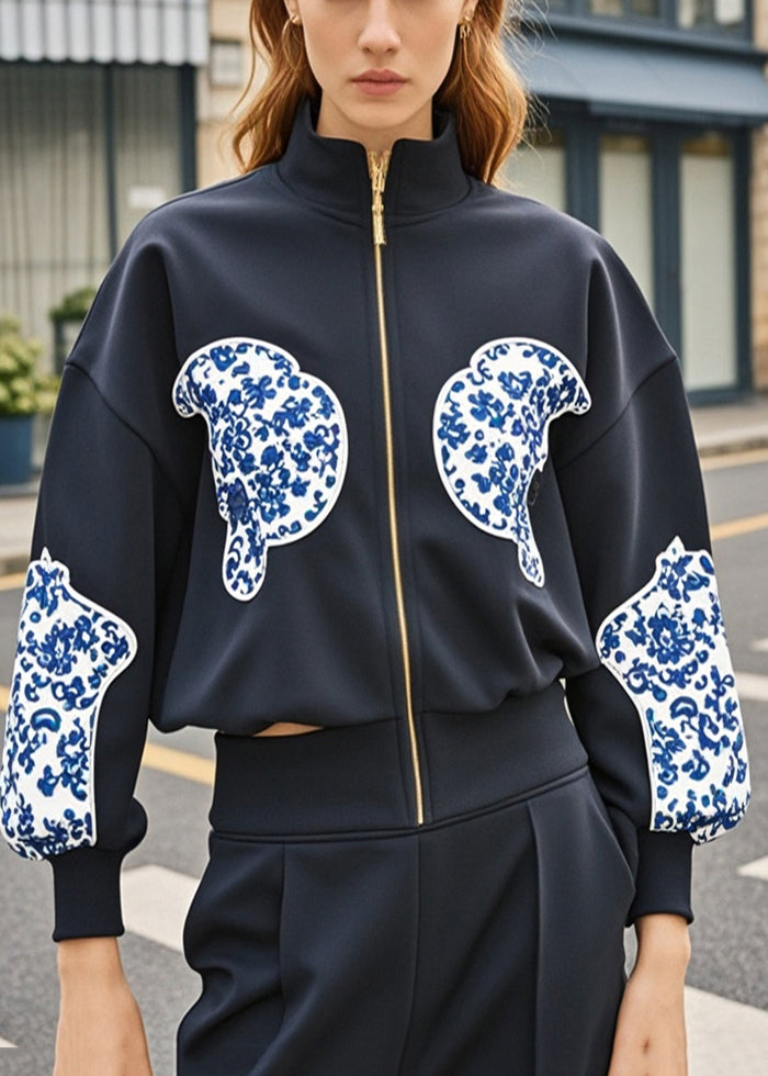 Women Black Zip Up Patchwork Print Cotton Coat Fall