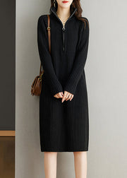 Women Black Zippered Patchwork Woolen Knit Dress Fall