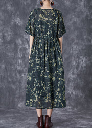 Women Blackish Green Cinched Print Linen Maxi Dress Summer