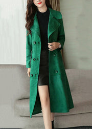 Women Blackish Green Double Breast Pockets Patchwork Faux Suede Long Coat Fall