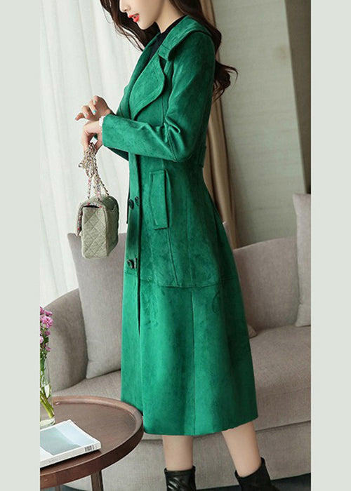 Women Blackish Green Double Breast Pockets Patchwork Faux Suede Long Coat Fall