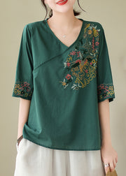 Women Blackish Green Embroidered Side Open Cotton Blouses Summer