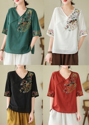 Women Blackish Green Embroidered Side Open Cotton Blouses Summer