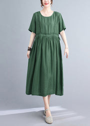 Women Blackish Green Embroidered Cinched Linen Silk Dress Summer