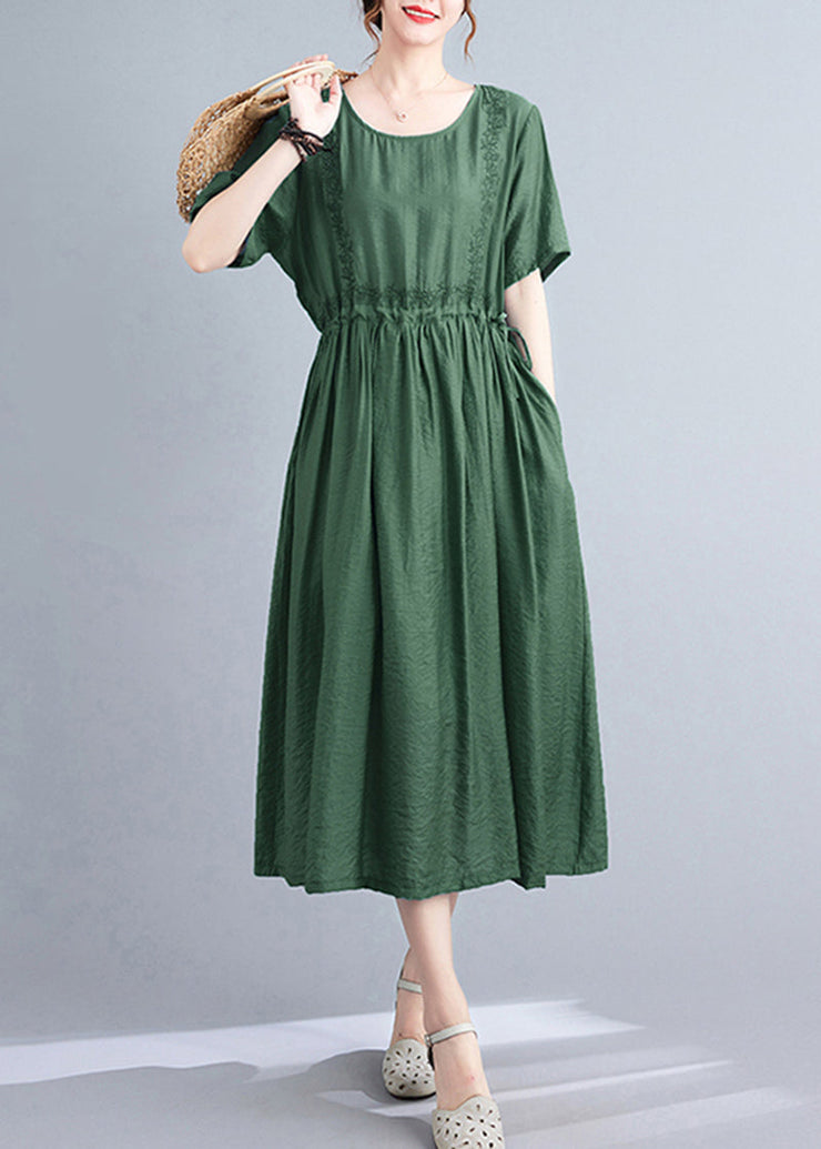 Women Blackish Green Embroidered Cinched Linen Silk Dress Summer