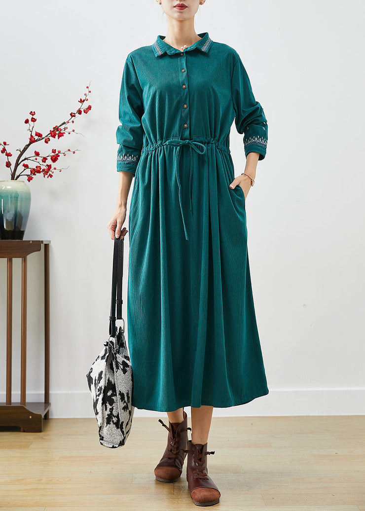 Women Blackish Green Embroideried Corduroy Cinched Dresses Fall