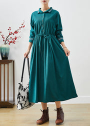 Women Blackish Green Embroideried Corduroy Cinched Dresses Fall